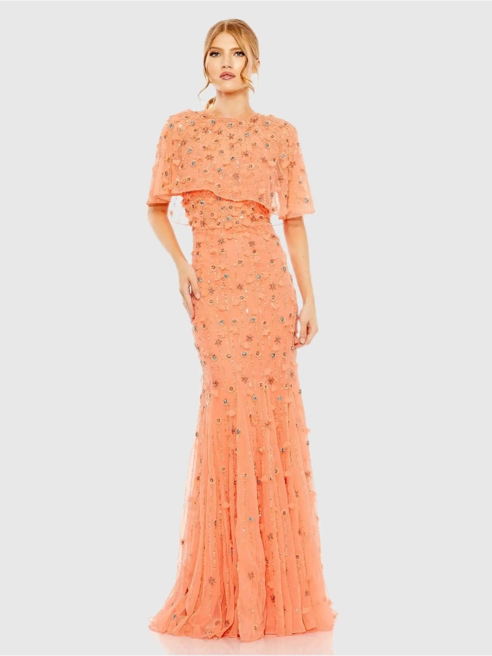 Mac Duggal 93653 Orange Embellished Illusion Cape Sleeve Trumpet Gown Size 8 NWT